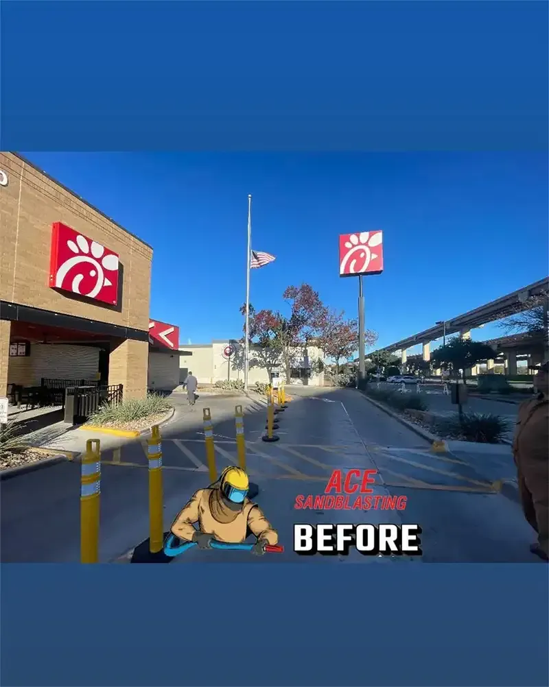 Wide before photo of a Chick-fil-A drive-thru marked for removal