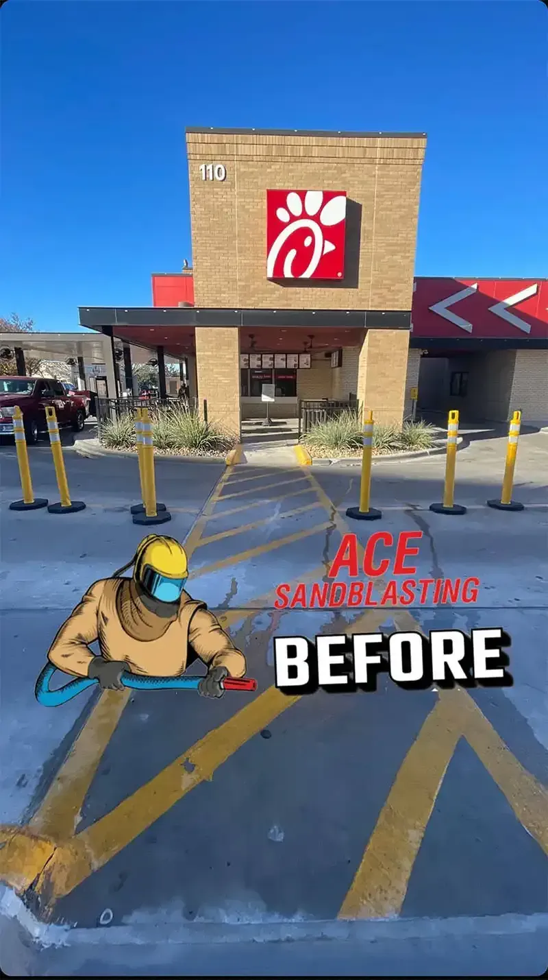 Before photo of yellow drive-thru markings at a Chick-fil-A