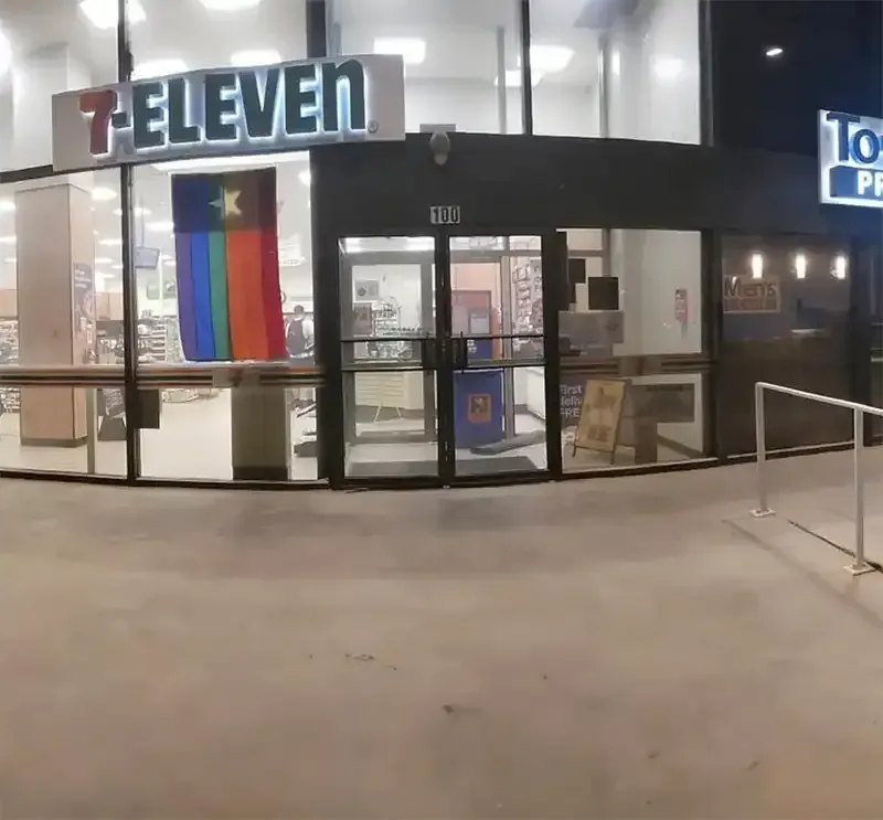 7-Eleven entrance after overnight concrete sandblasting