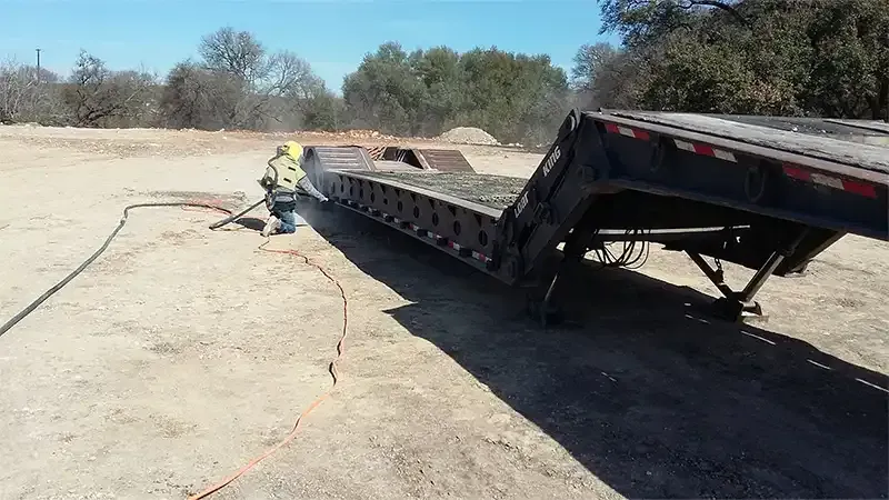 Worker sandblasting a lowboy trailer deck in an open yard