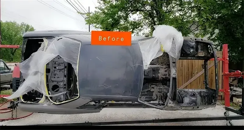 Before shot of a masked sports car body ready for blasting