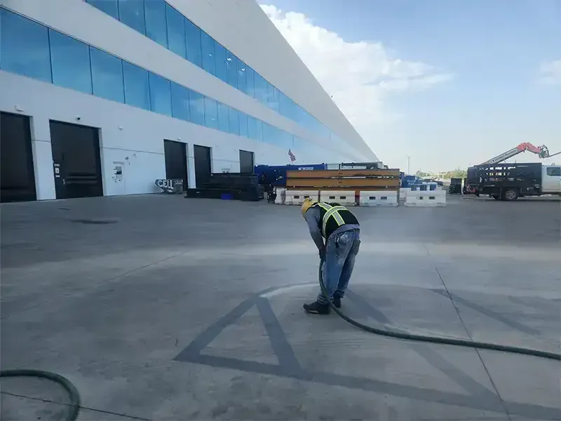 Worker sandblasting concrete in front of warehouse loading docks