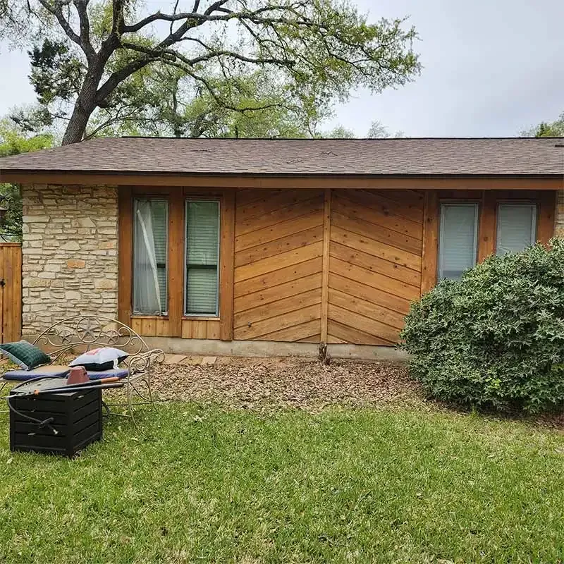 Cedar and stone home exterior after sandblasting