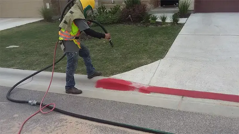 Technician blasting red fire-lane paint off a concrete curb