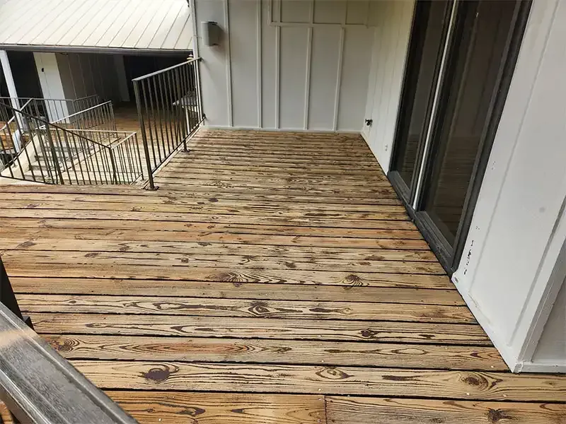Wood deck boards stripped back to bare pine after sandblasting